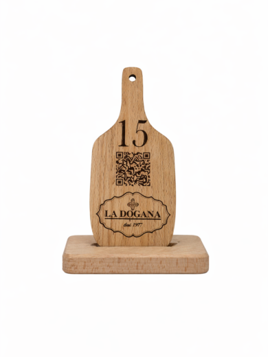 Segnaposto Taglierino in legno di faggio massello con QR Code, logo e numerazione personalizzata