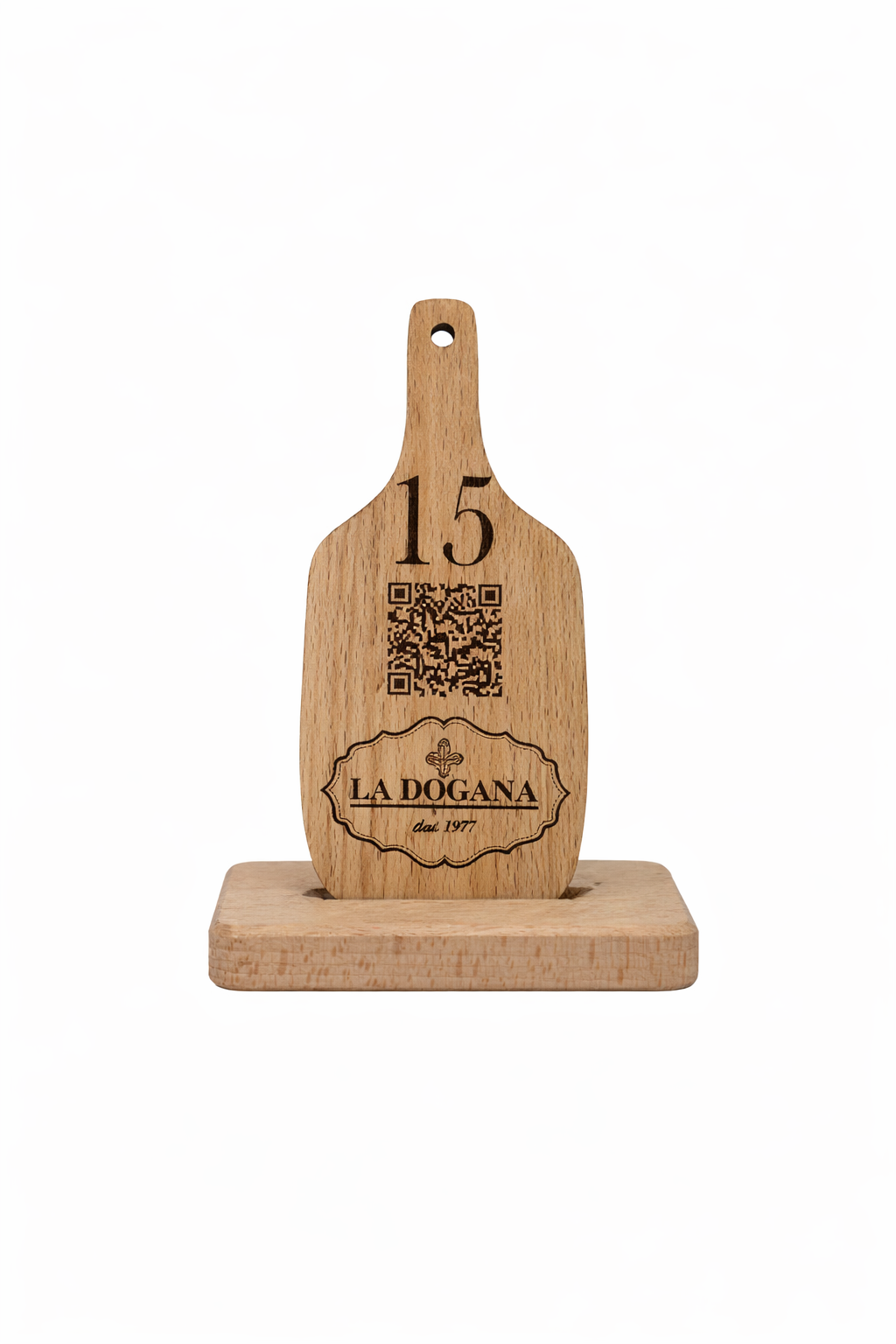 Segnaposto Taglierino in legno di faggio massello con QR Code, logo e numerazione personalizzata