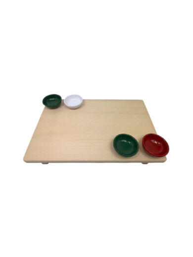 Tagliere aperitivo rialzato in legno di faggio massello 45&times;29&times;h7 cm con 4 coppette in ceramica