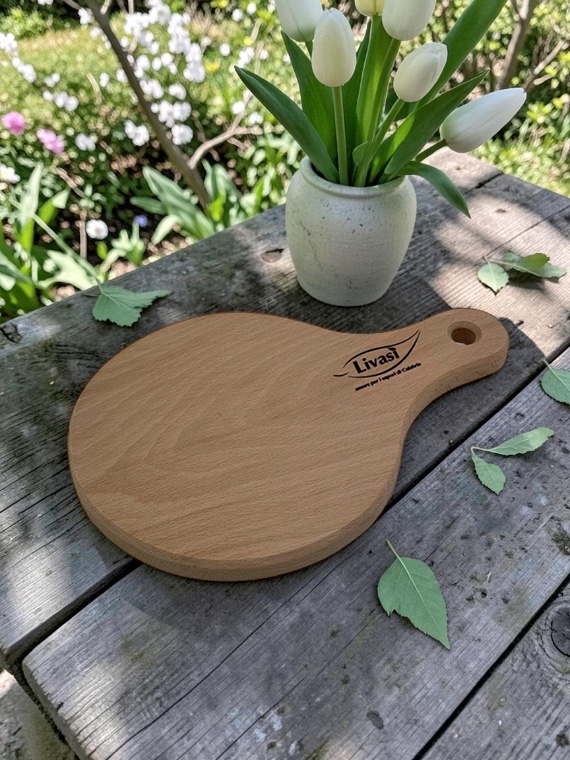 Tagliere tondo in legno di faggio massello con manico 28×19 cm - immagine 5