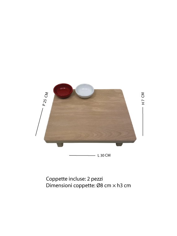 Tagliere aperitivo rialzato in legno di faggio massello 30×25×h7 cm con 2 coppette in ceramica - immagine 6