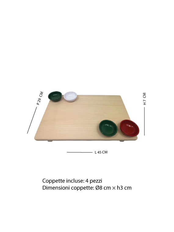 Tagliere aperitivo rialzato in legno di faggio massello 45×29×h7 cm con 4 coppette in ceramica - immagine 6