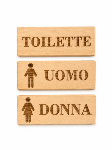 Targa segnaletica bagno in legno di faggio 16×6 cm – Toilette, Uomo o Donna
