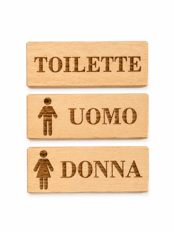 Targa segnaletica bagno in legno di faggio 16×6 cm – Toilette, Uomo o Donna